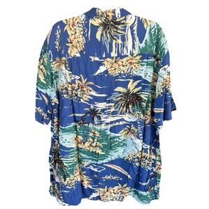 Island Fever Mens‎ Large Blue Tropical Palm Tree Rayon Short Sleeve Aloha Shirt